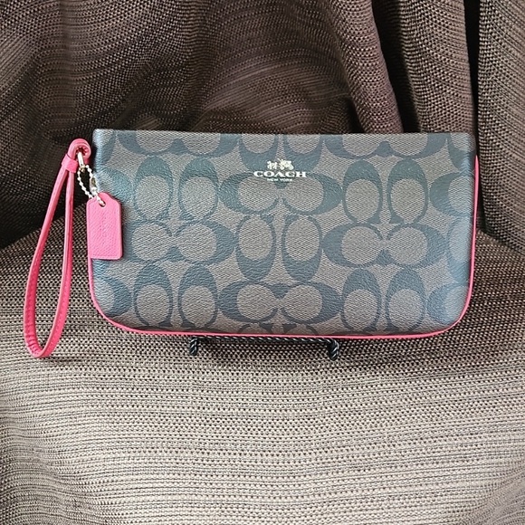 Coach Signature C Coated Canvas & Leather Large Zip Wristlet In Brown & Fuchsia - Picture 4 of 13